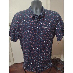 Columbia PFG Shirt Button Up Shirt Large L Fish Print Vented Navy Blue All Over